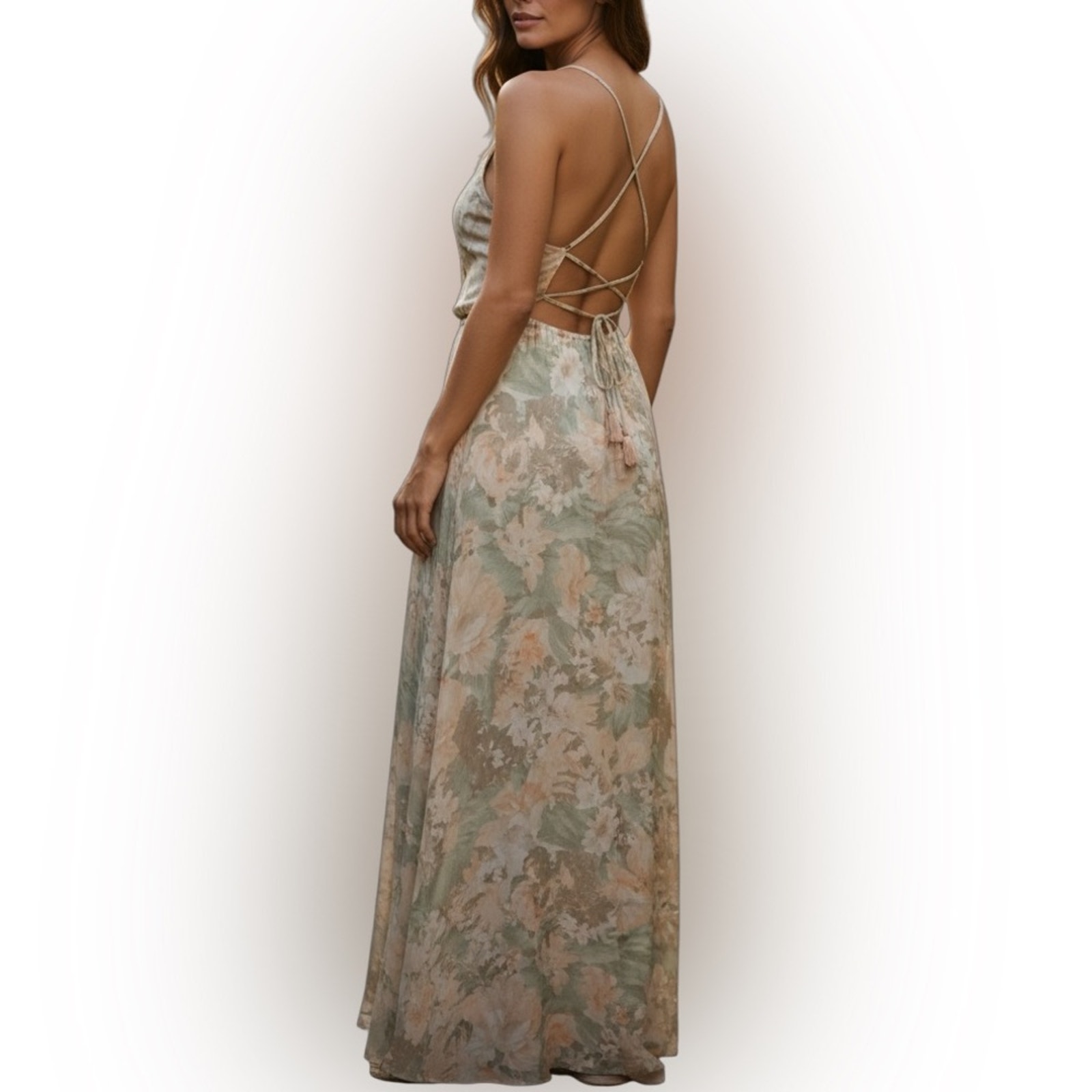 Romantic Floral Open Back Maxi Dress Peach Green Cream Nwt M